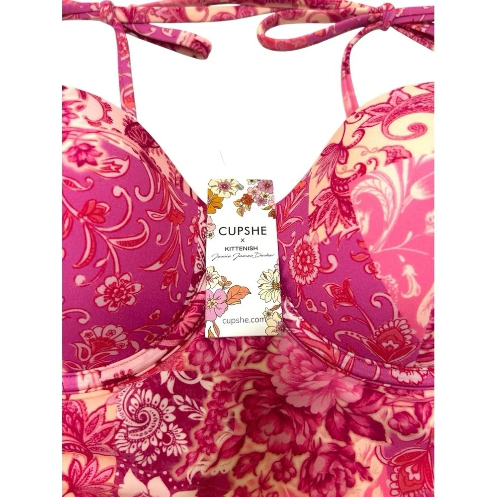 NWT Cupshe x JJD Kittenish One-Piece Swimsuit Women's Pink Floral Size M - Picture 3 of 7